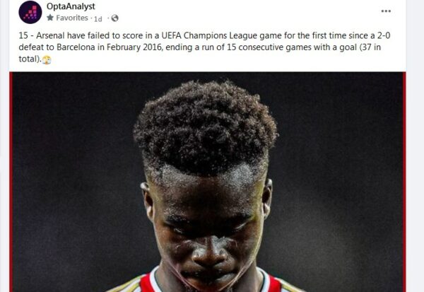 4 arsenal opta goalless sinve Feb 2016 when lost home from Barca